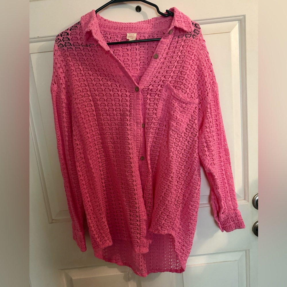 Pink Crochet Button-Up Women's beach cover up